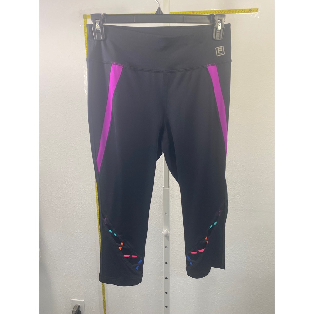 Fila Sport Womens Black Capri Leggings Purple Panels Lattice Cutout Size Large